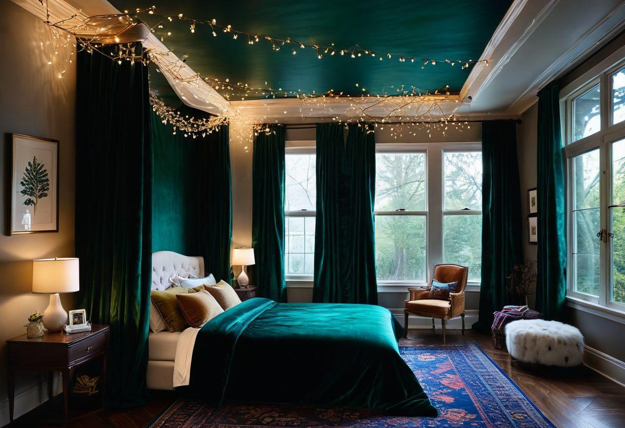 A cozy interior space blending fantasy and functionality, featuring rich, sensual textiles like velvet and silk in jewel tones. Incorporate flowing drapes, plush cushions, and intricate patterned rugs that invite touch and comfort. Add elements like twinkling fairy lights and whimsical wall art to enhance the magical atmosphere. Showcase a harmonious balance between bold imagination and practical design. super-realistic. vibrant colors. warm ambiance.