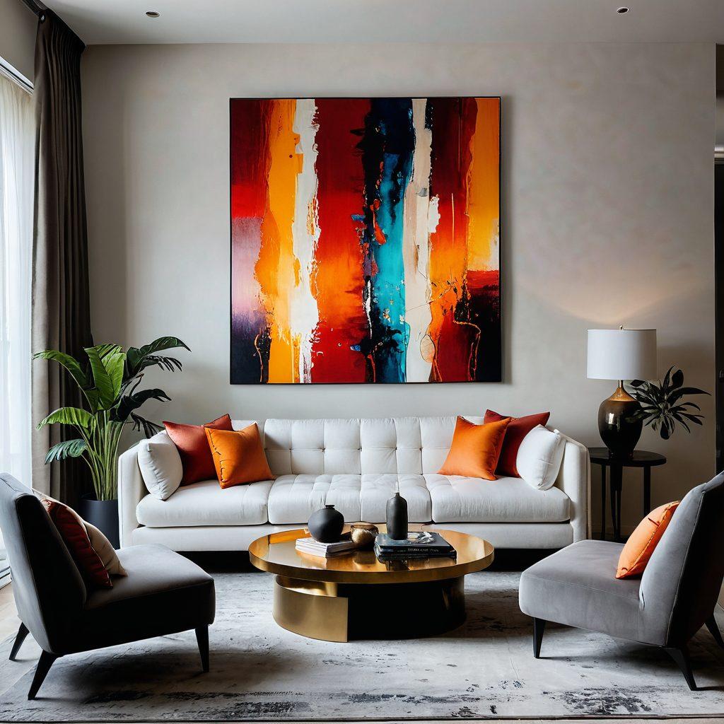 A chic, modern living space featuring elegant decor items inspired by tasteful NSFW imagery, seamlessly integrated with stylish Chiliwich textile products. The room should have soft lighting, showcasing art pieces subtly placed on the walls, including abstract forms and muted colors. Include a cozy seating area with Chiliwich table runners and cushions, exuding sophistication. The overall ambiance should feel inviting yet bold, highlighting the blend of art and decor. super-realistic. vibrant colors. modern interior design.