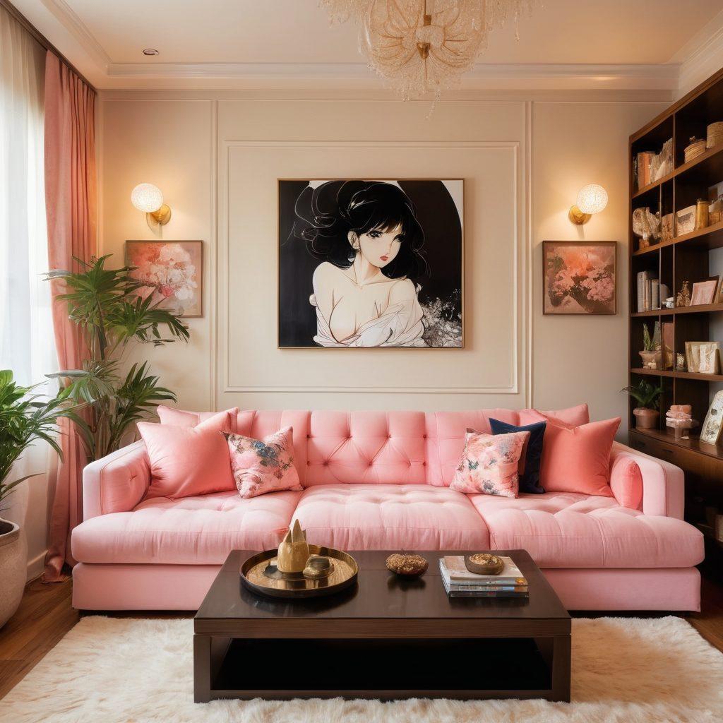 A cozy, inviting room blending erotic manga art on the walls with elegant home decor, showcasing a plush sofa and soft lighting that hints at intimacy. Include playful elements like manga character figurines and tasteful sensual artwork, creating a fusion of graphic narratives and interior design. The scene should evoke a sense of comfort and allure. vibrant colors. super-realistic. intimate atmosphere.